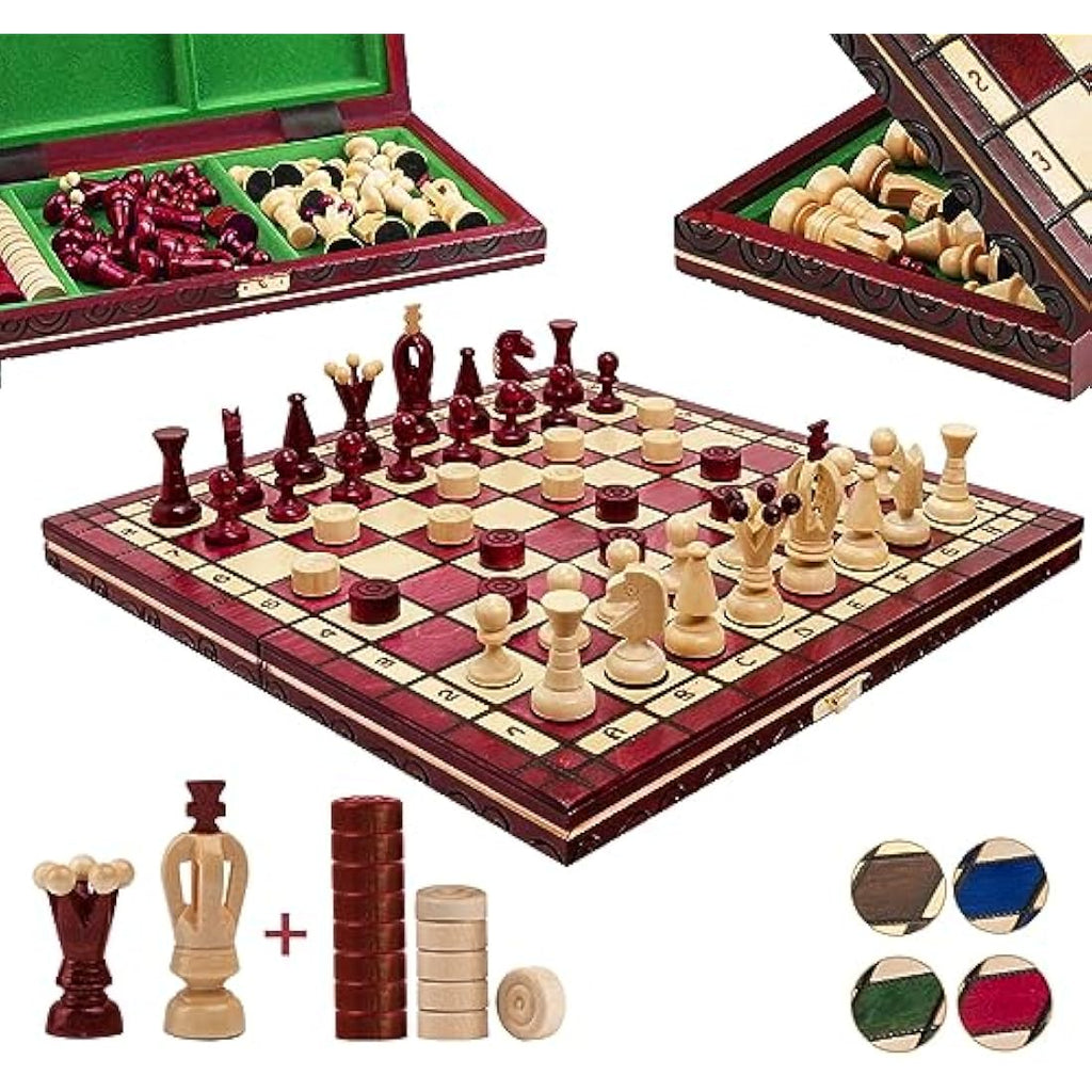 Jolof Store Handmade Wooden Chess and Checkers Set – 35cm Red Travel Board