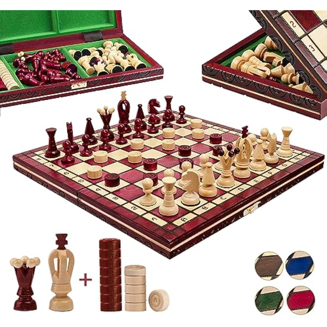 Jolof Store Handmade Wooden Chess and Checkers Set – 35cm Red Travel Board