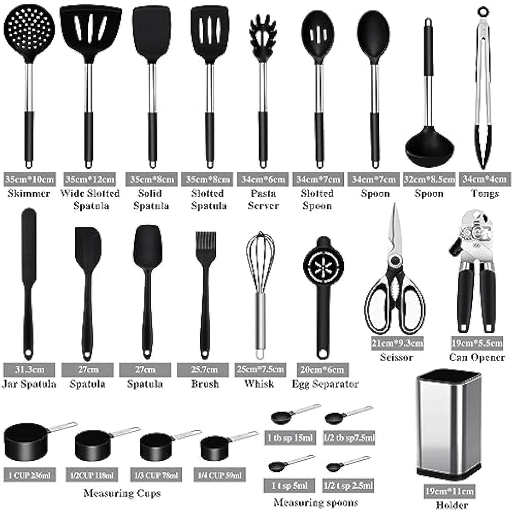 26-Piece Silicone Kitchen Utensils Set with Holder | Black
