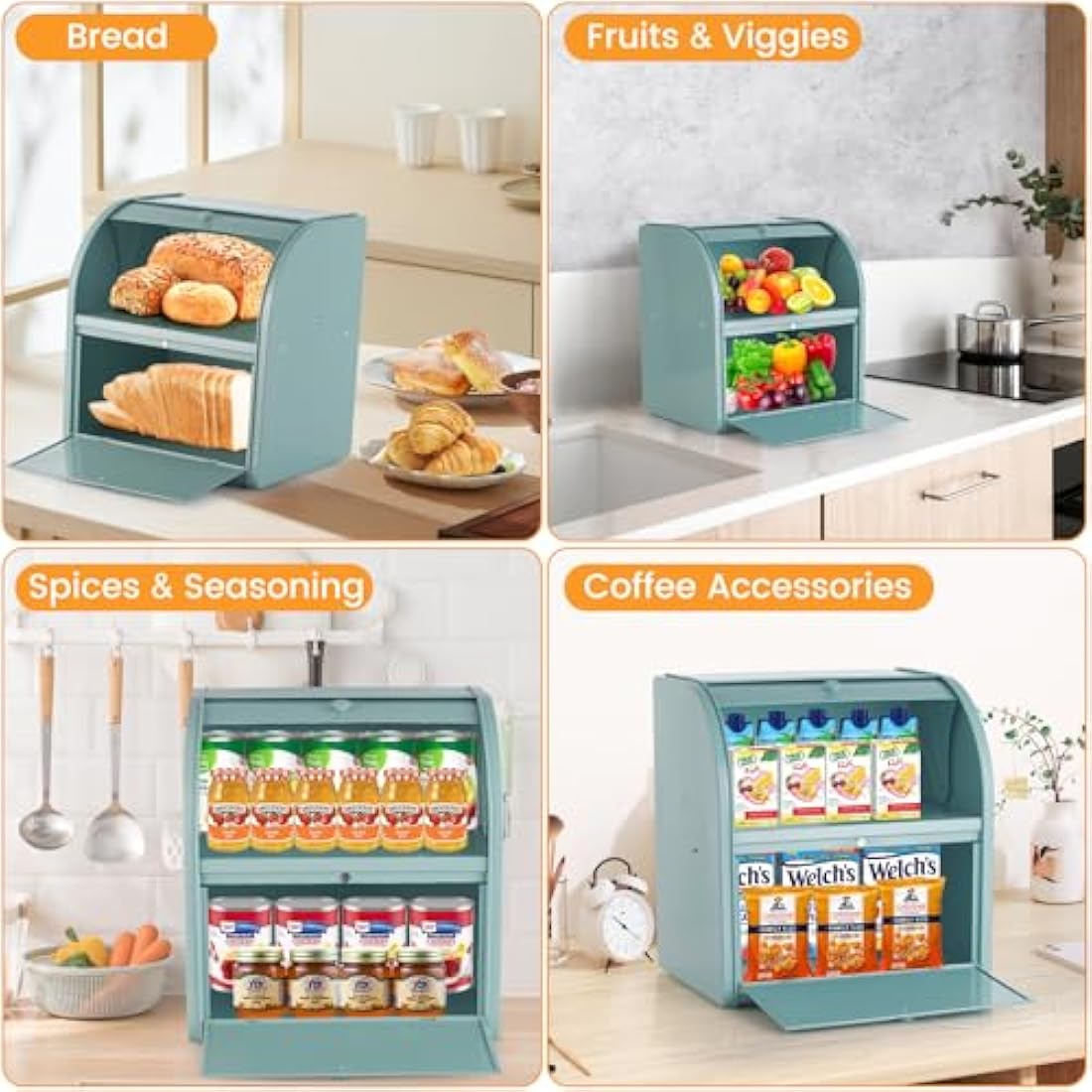 Jolof Store 2-Layer Metal Bread Bin – Large Roll Top Bread Box, Green