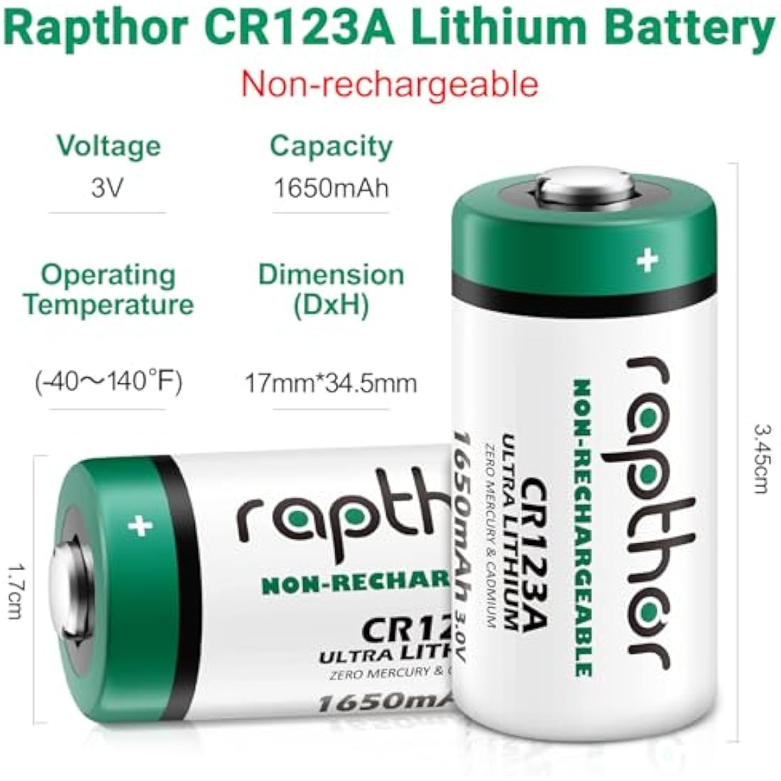 Rapthor CR123A 3V Lithium Battery 1650mAh High Capacity - 16 Pack