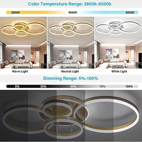 XEMQENER LED Ceiling Light | 77W Dimmable Modern 5-Ring Chandelier