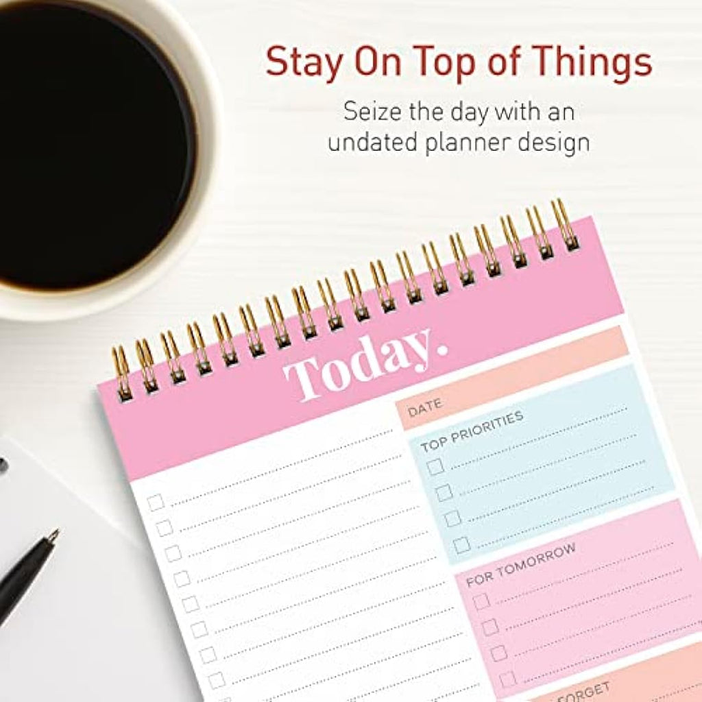 S&O Undated Daily Planner Notepad | 52-Page Coiled To-Do List - Pink
