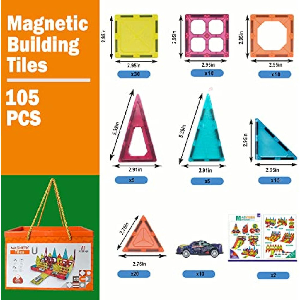 BUBUQE Magnetic Tiles Building Blocks Set with 10 Metal Cars - 105pc