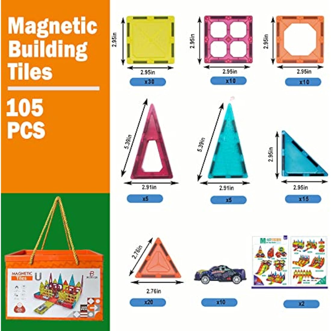 BUBUQE Magnetic Tiles Building Blocks Set with 10 Metal Cars - 105pc