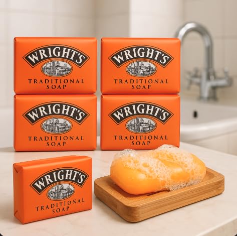 Wright's Coal Tar Traditional Soap Pack of 4 with Bamboo Soap Dish