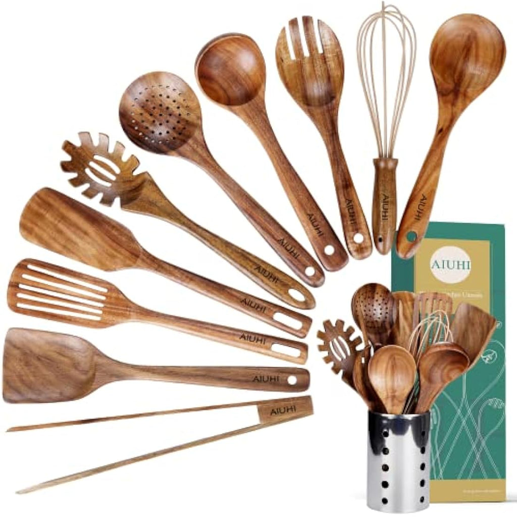 Jolof Store 11-Piece Natural Teak Wood Kitchen Utensil Set with Holder