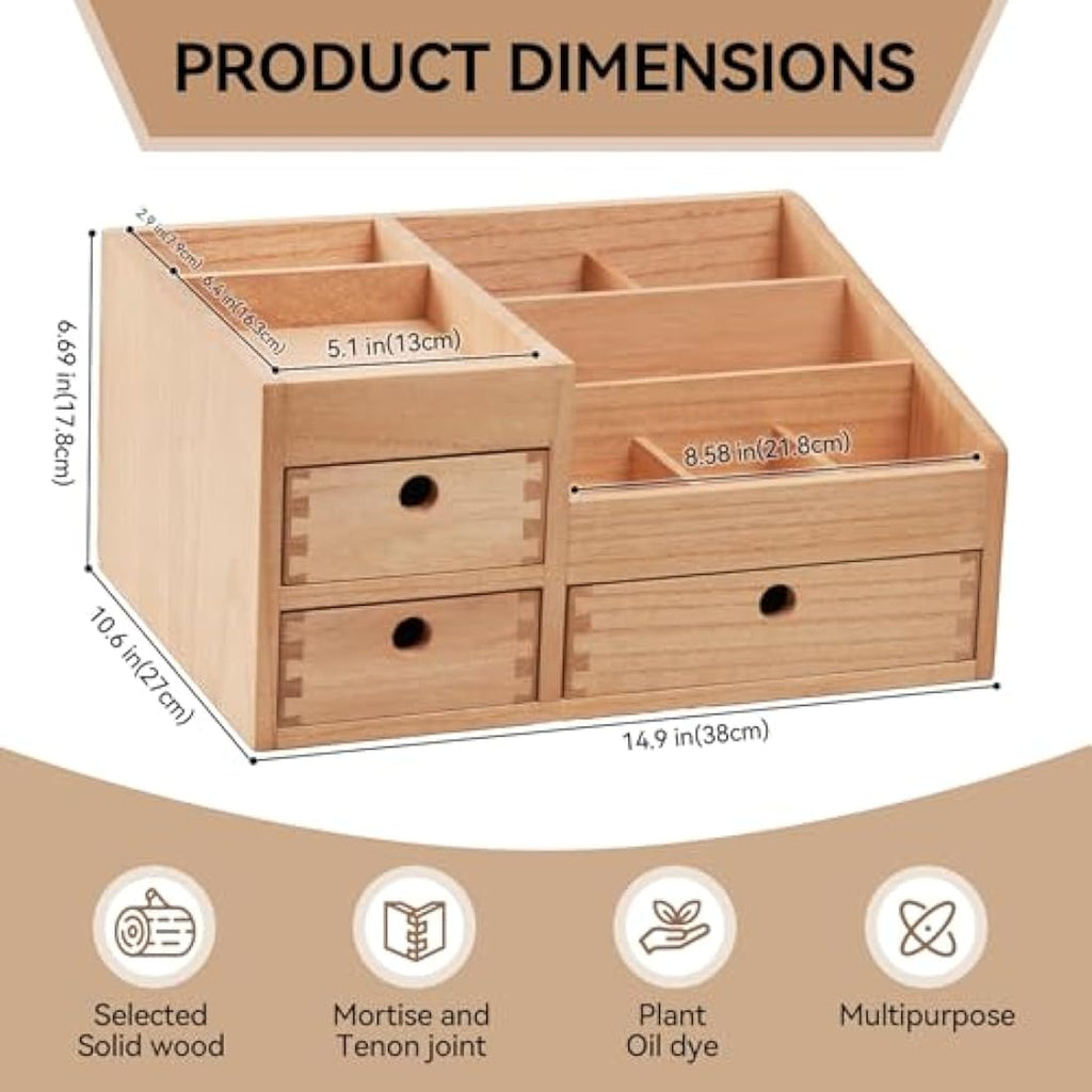 KIRIGEN Wooden Makeup Organizer | 3-Drawer Large Cosmetic Storage Box