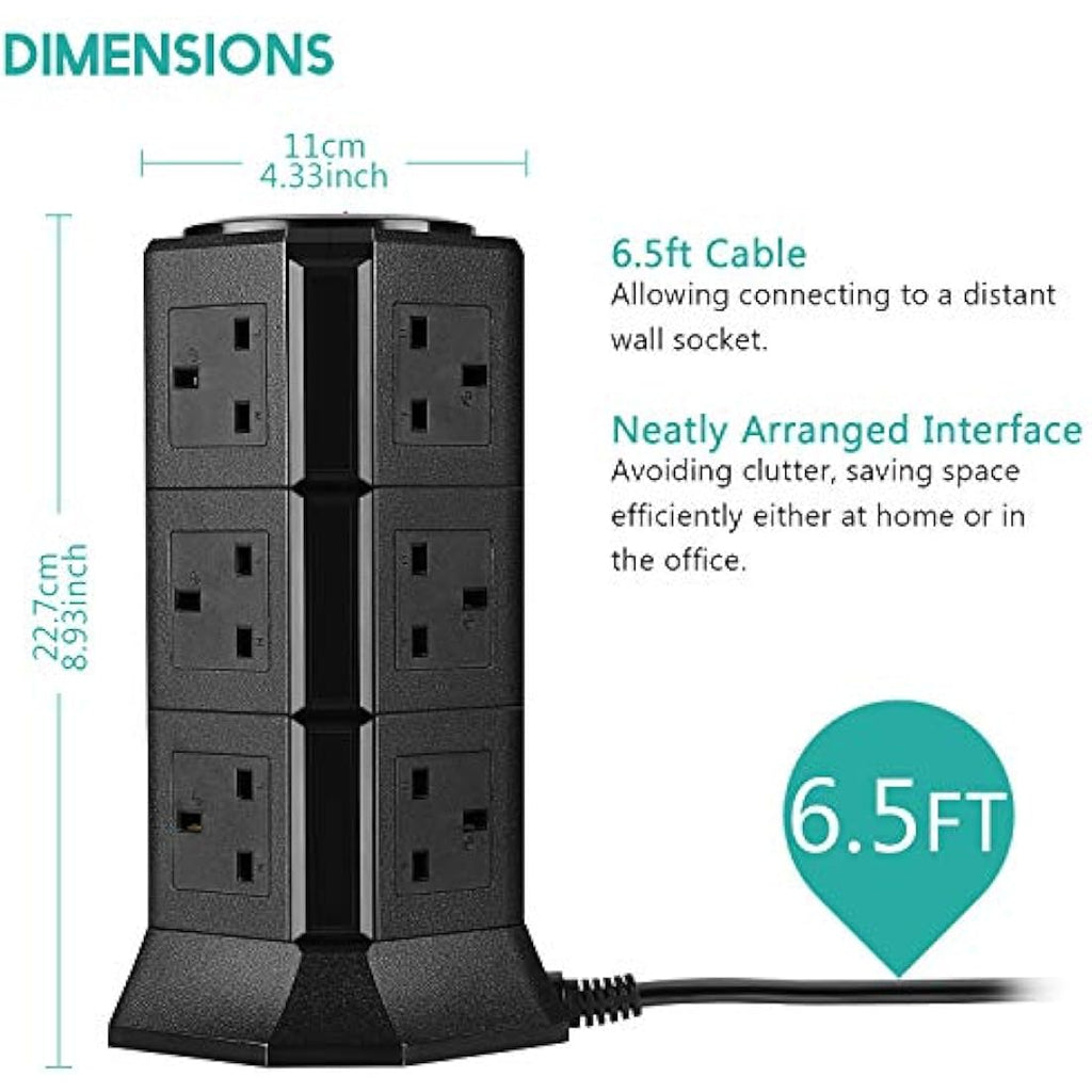 PRITEK 12-Way Vertical Extension Lead | 1000J Surge Protector with 5 USB