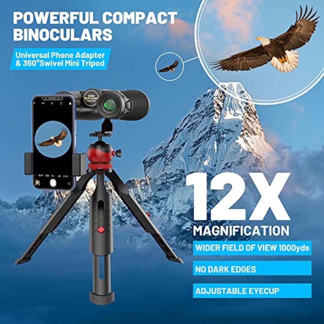 Kylietech 12x42 Waterproof Binoculars with Tripod & Phone Adapter