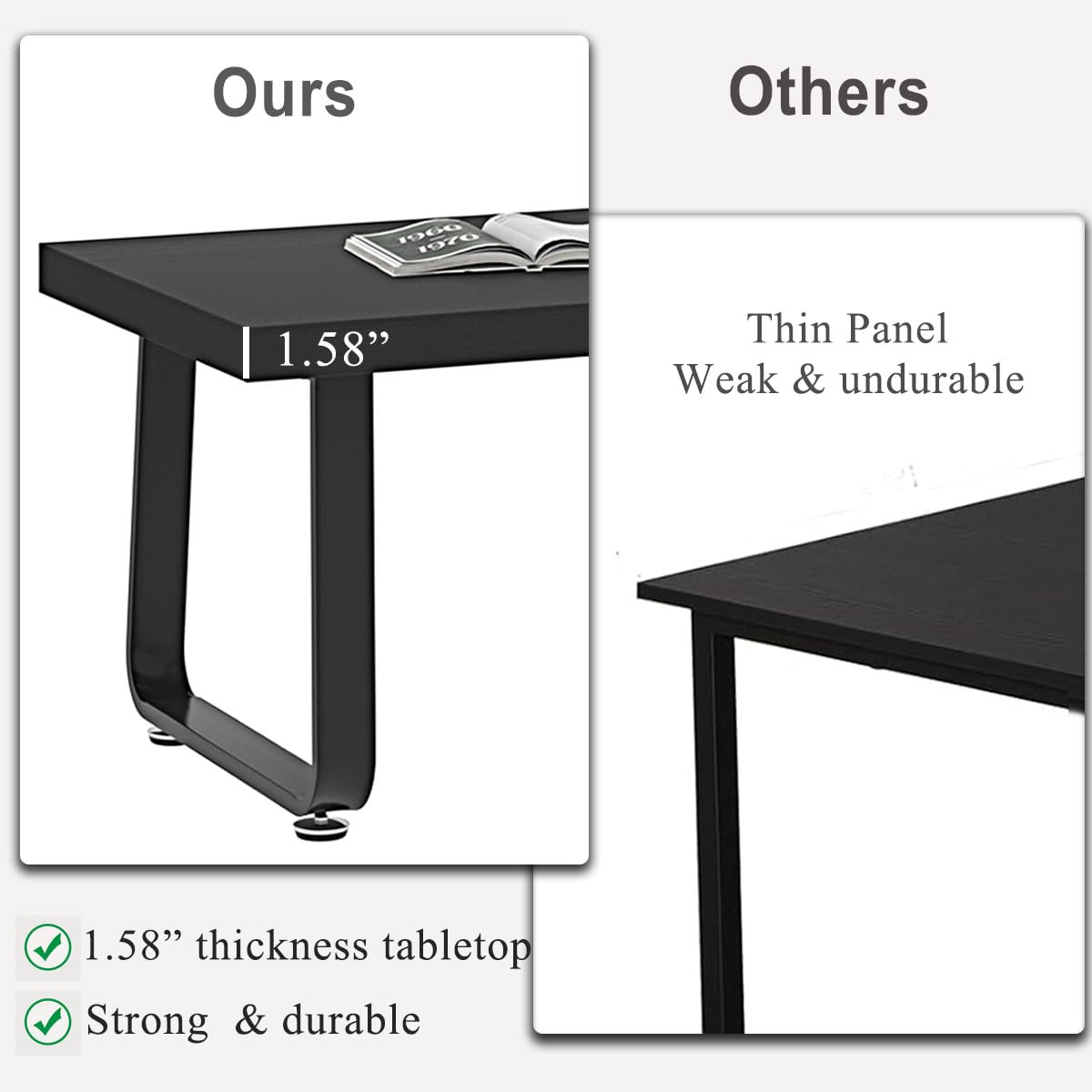 HSH Black Oak Coffee Table, 55D×100W×46.5H cm, Rustic Industrial Wooden Coffee Table for Living Room Bedroom Office - image 3