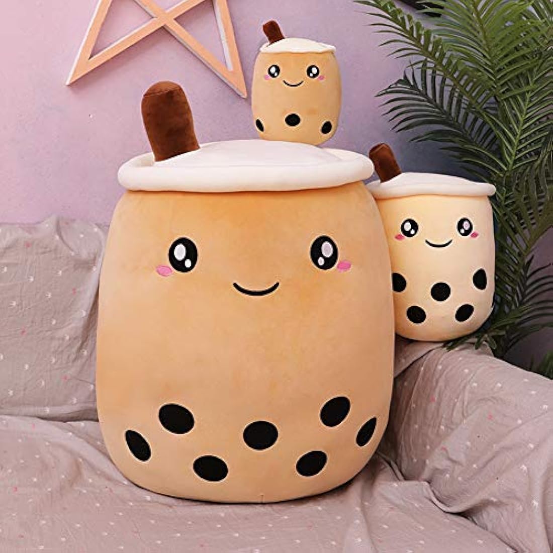 AMOZO Cute Boba Milk Tea Plushie – Soft Bubble Tea Pillow, Beige 24cm