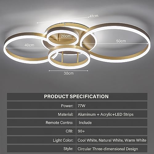 XEMQENER 109W LED Ceiling Light – Modern Gold Flush Mount Chandelier