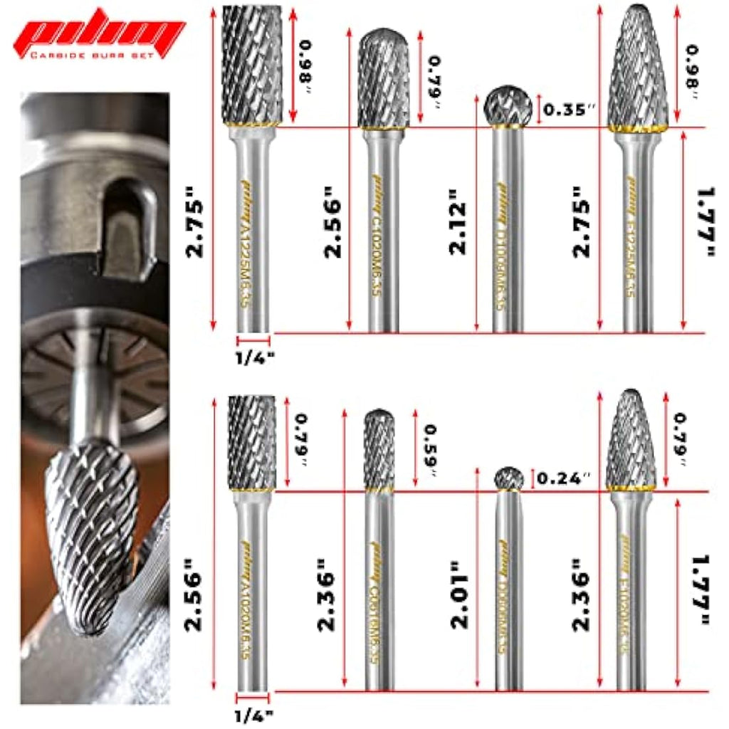 Pilim 8PC Tungsten Carbide Burr Set | 1/4" Shank Double Cut Rotary Bits