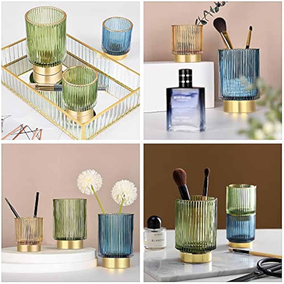 DASITON Glass Makeup Brush Holder – Vintage Striped Cosmetic Organizer, Blue