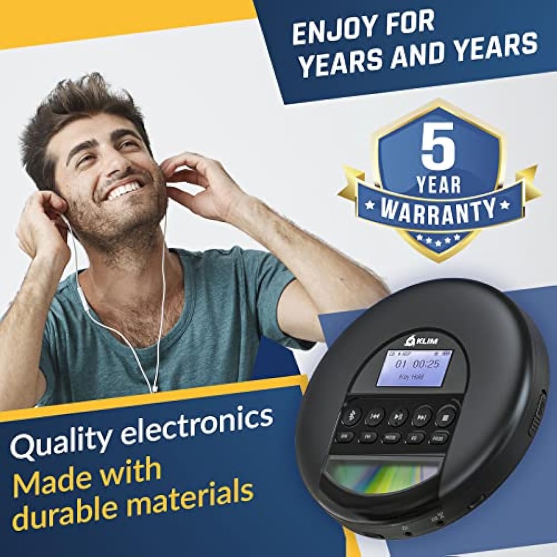 KLIM Nomad Portable CD Player | Bluetooth Rechargeable Discman – Black