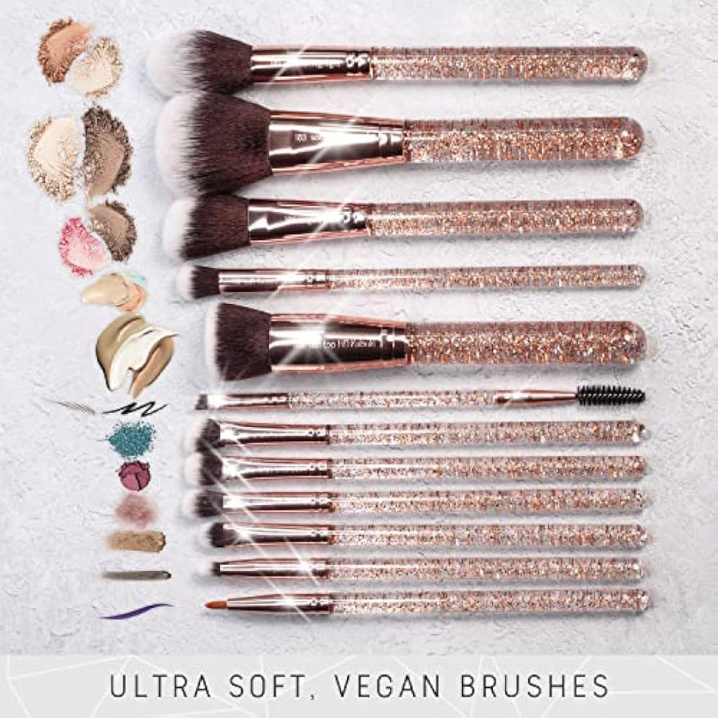 Niré Beauty 15-Piece Glitter Makeup Brush Set with Case and Sponge
