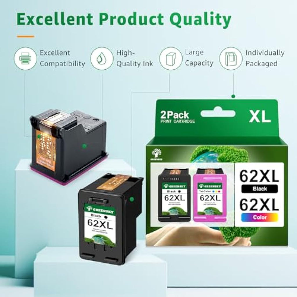 GREENSKY 62XL Ink Cartridges for HP Envy & OfficeJet | Black & Tri-Color