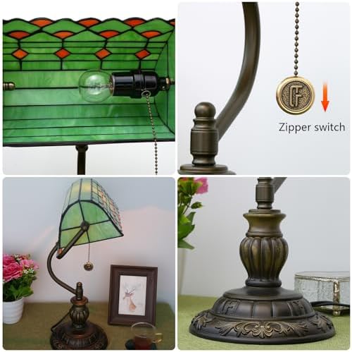 Blivuself Tiffany Style Green Banker Desk Lamp | Stained Glass Retro Light