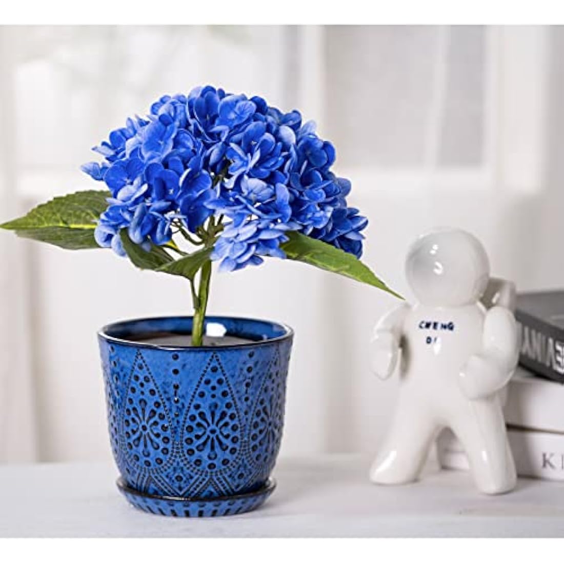Beaded Ceramic Planter Set – 15CM Round Flower Pots, Blue