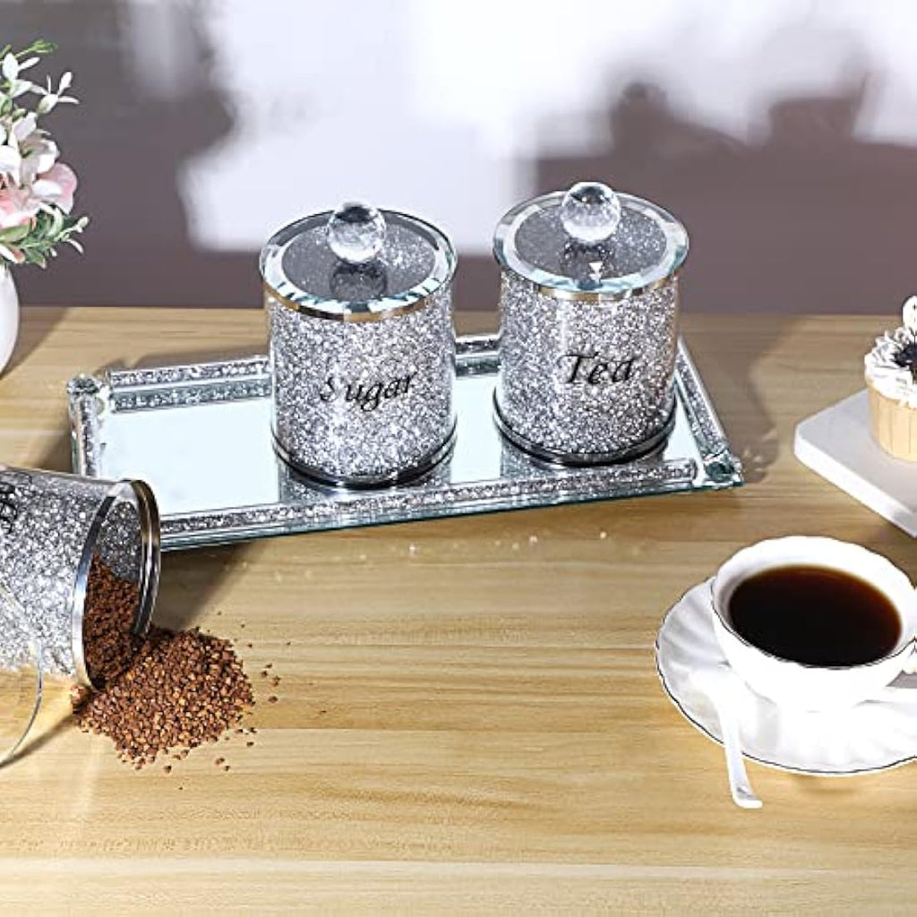 Jolof Store Crushed Diamond Glass Kitchen Canisters with Tray - Set of 4