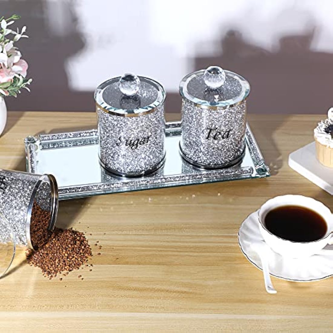 Jolof Store Crushed Diamond Glass Kitchen Canisters with Tray - Set of 4
