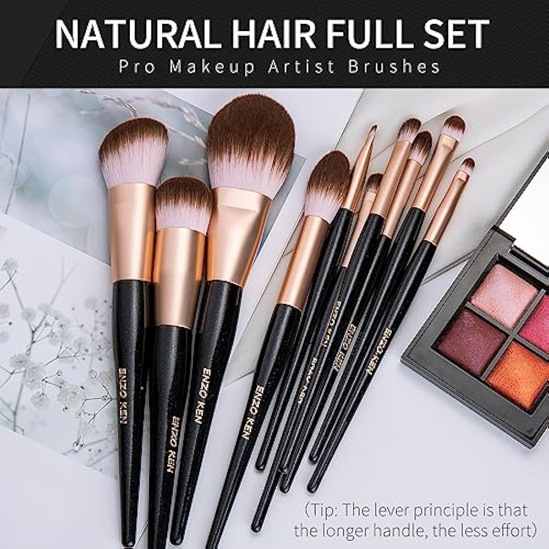 ENZO KEN Natural Goat Hair Makeup Brush Set with Oak Handle - 15pc