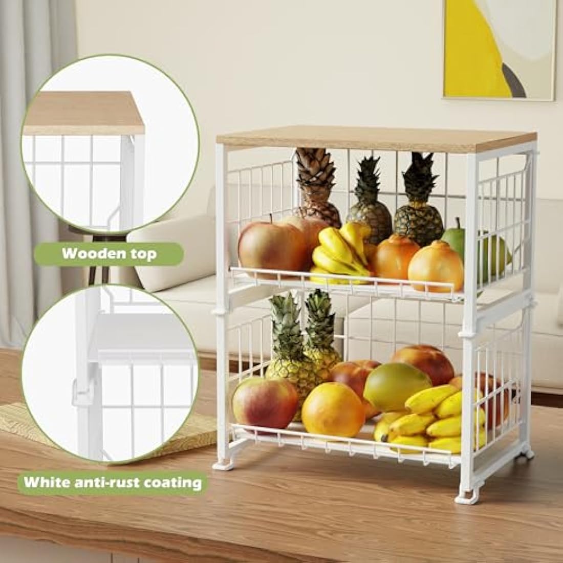 UMDONX 3-Tier Kitchen Fruit Basket – Metal Vegetable Storage Rack with Wood Top