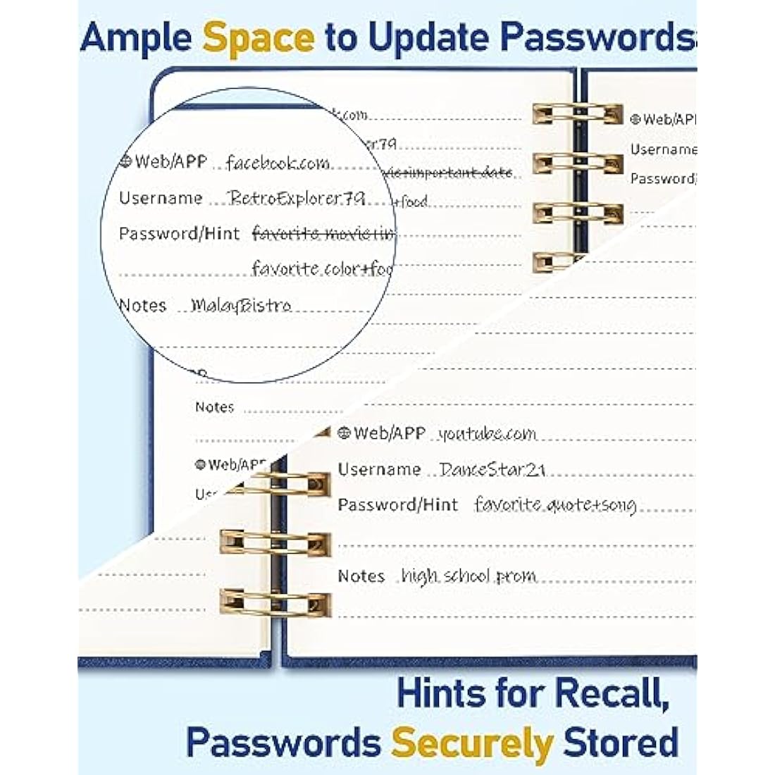 WEMATE Spiral Password Book with Alphabetical Tabs - Navy Blue Journal