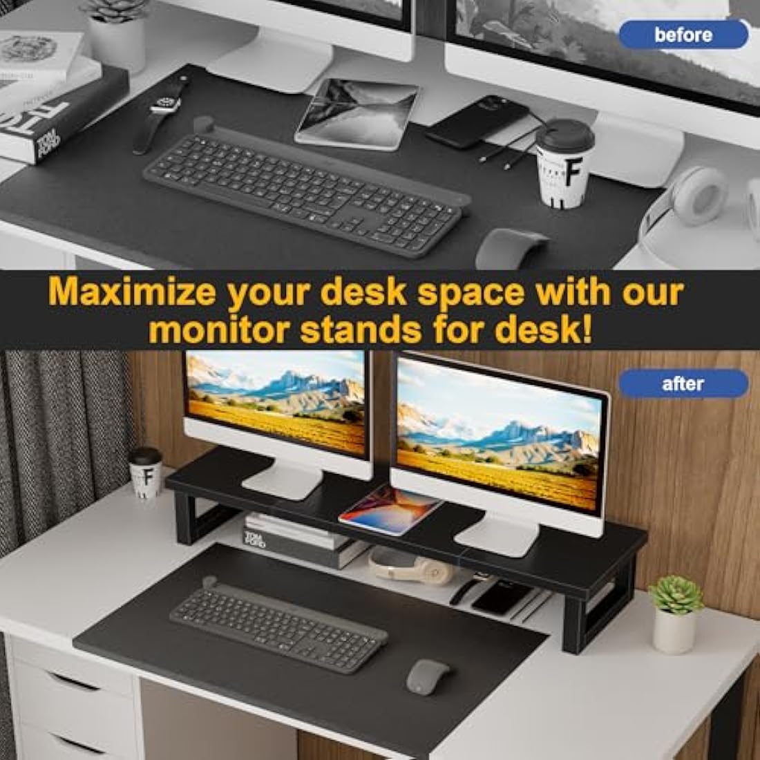 OYRREU Dual Monitor Stand – 91cm Ergonomic MDF Desk Riser, Black