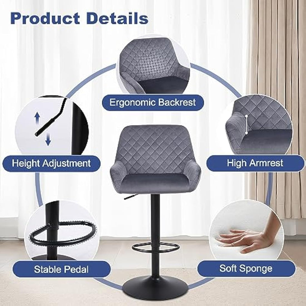Jolof Store Velvet Swivel Bar Stools Set of 2 | Adjustable Grey Chairs