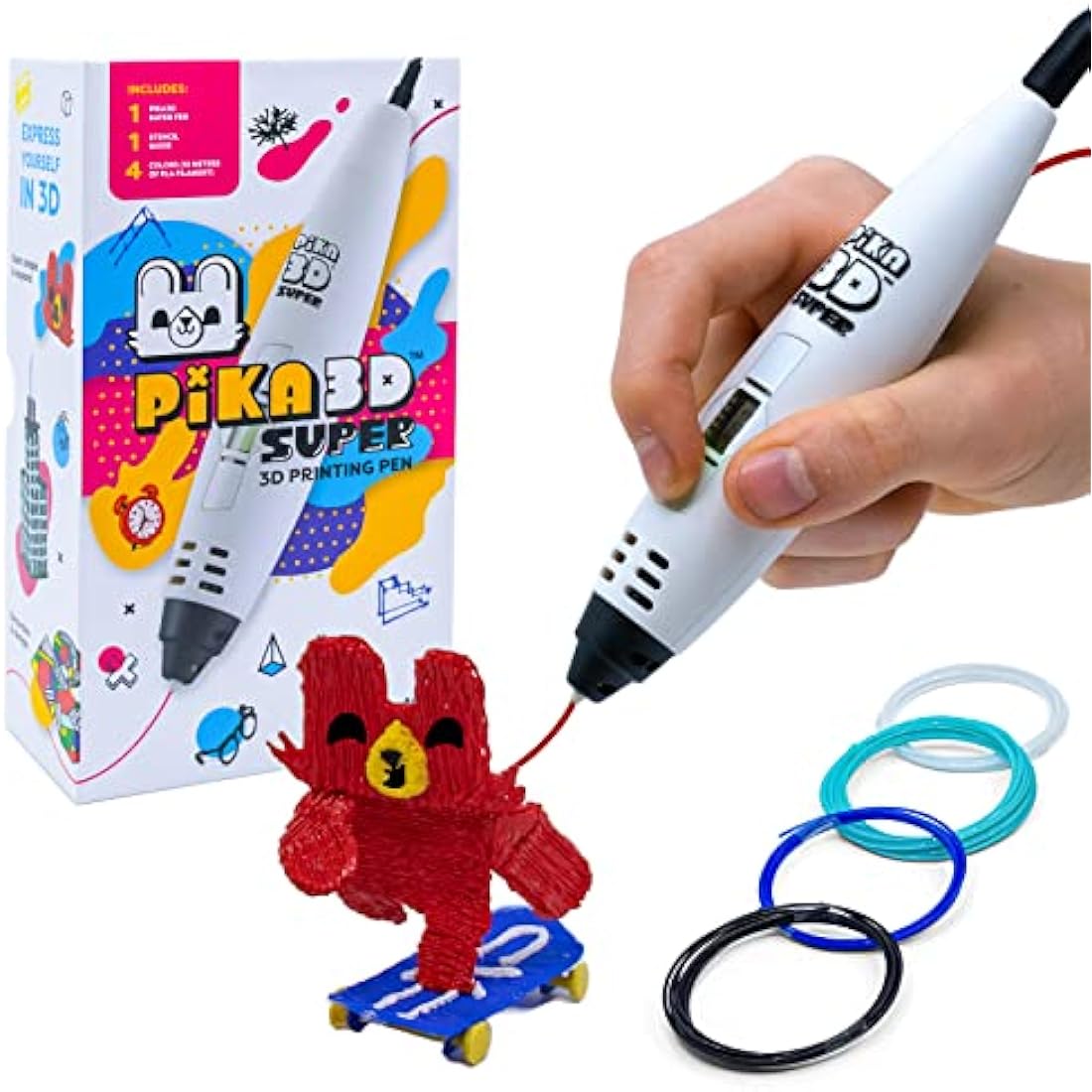 PIKA3D Super 3D Printing Pen Kit with 4 PLA Filament Refills, White