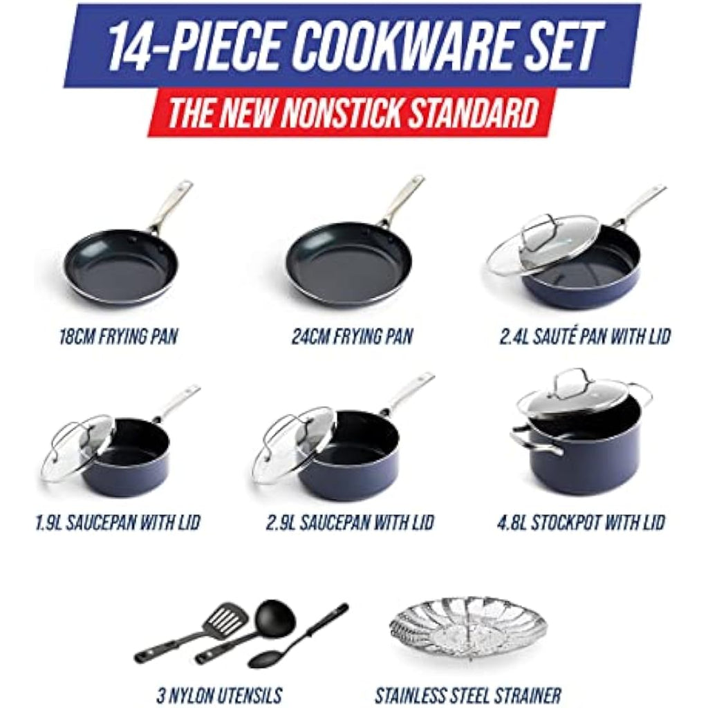 Blue Diamond 14-Piece Ceramic Nonstick Cookware Set – PFAS-Free Blue