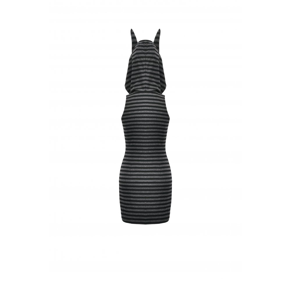 Dark In Love Salem Striped Cat Ear Hoodie Dress – Grey & Black Goth