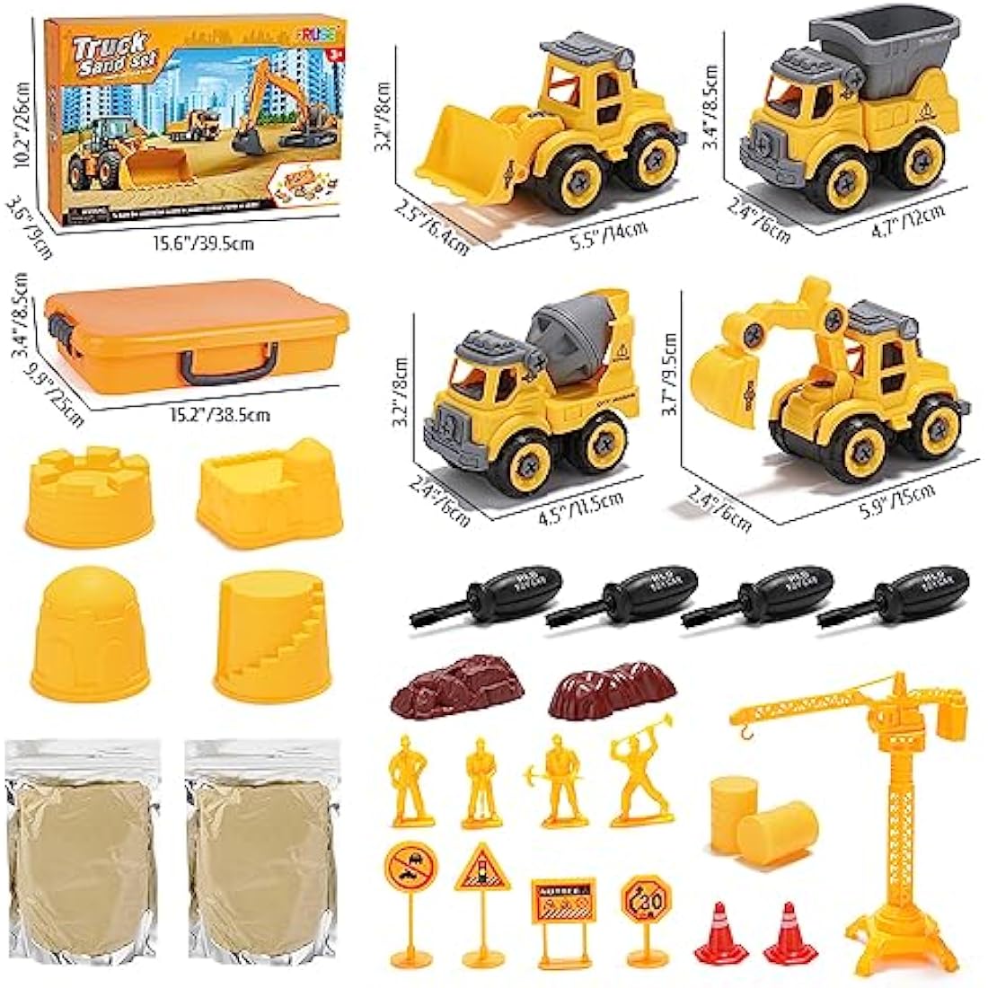 FRUSE Construction Sand Kit with Take Apart Trucks and Sandbox | Ages 3-8