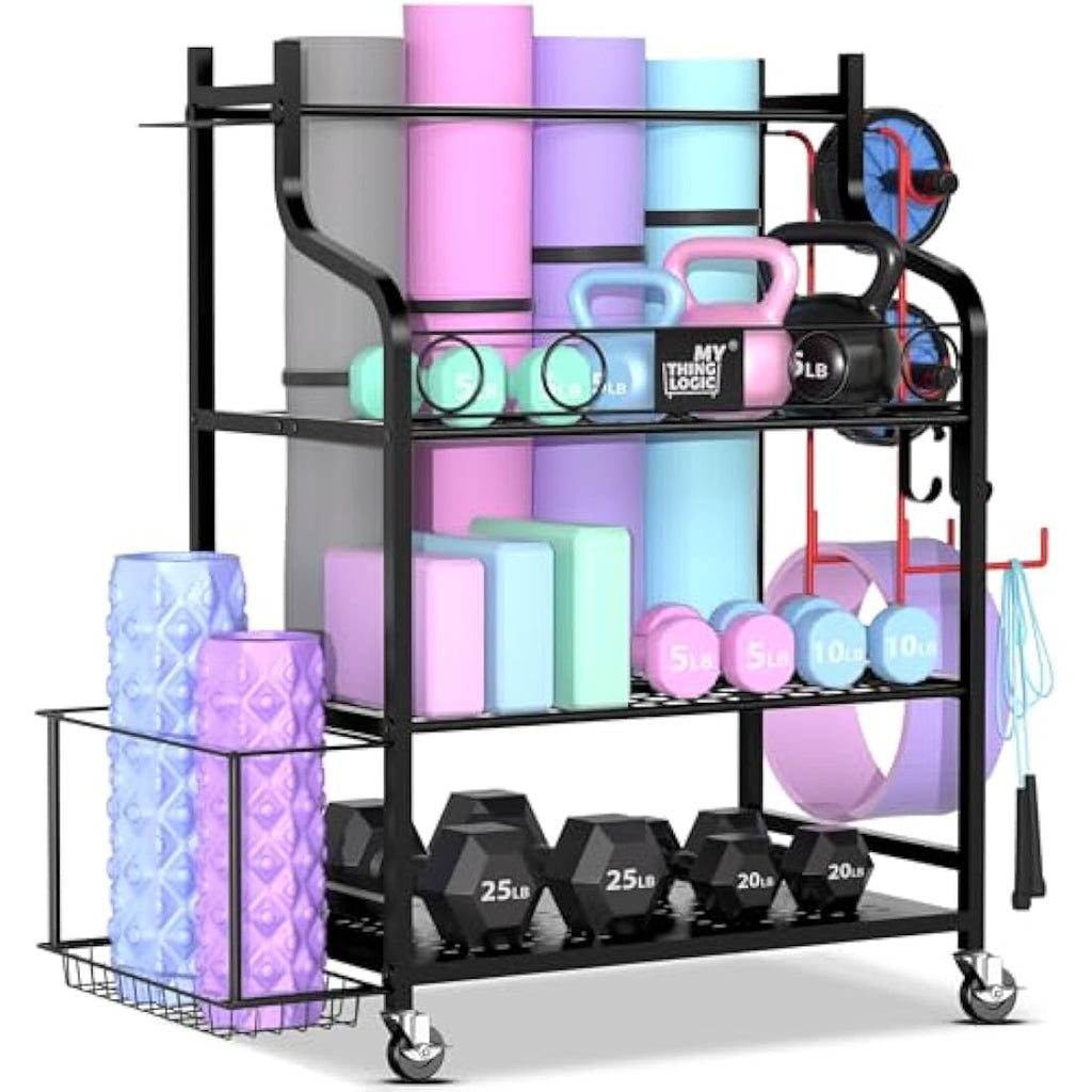 Mythinglogic Home Gym Storage Rack – Rolling Weight & Yoga Mat Organizer