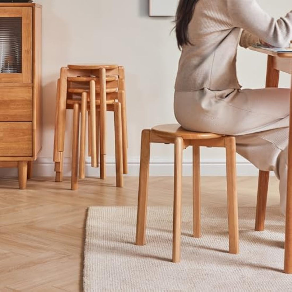 YMYNY Solid Wood Round Stools - 4-Piece Stackable Dining Stool Set, Natural