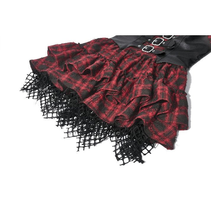 Dark in Love Red Plaid & Faux Leather Layered Punk Sweetcore Dress