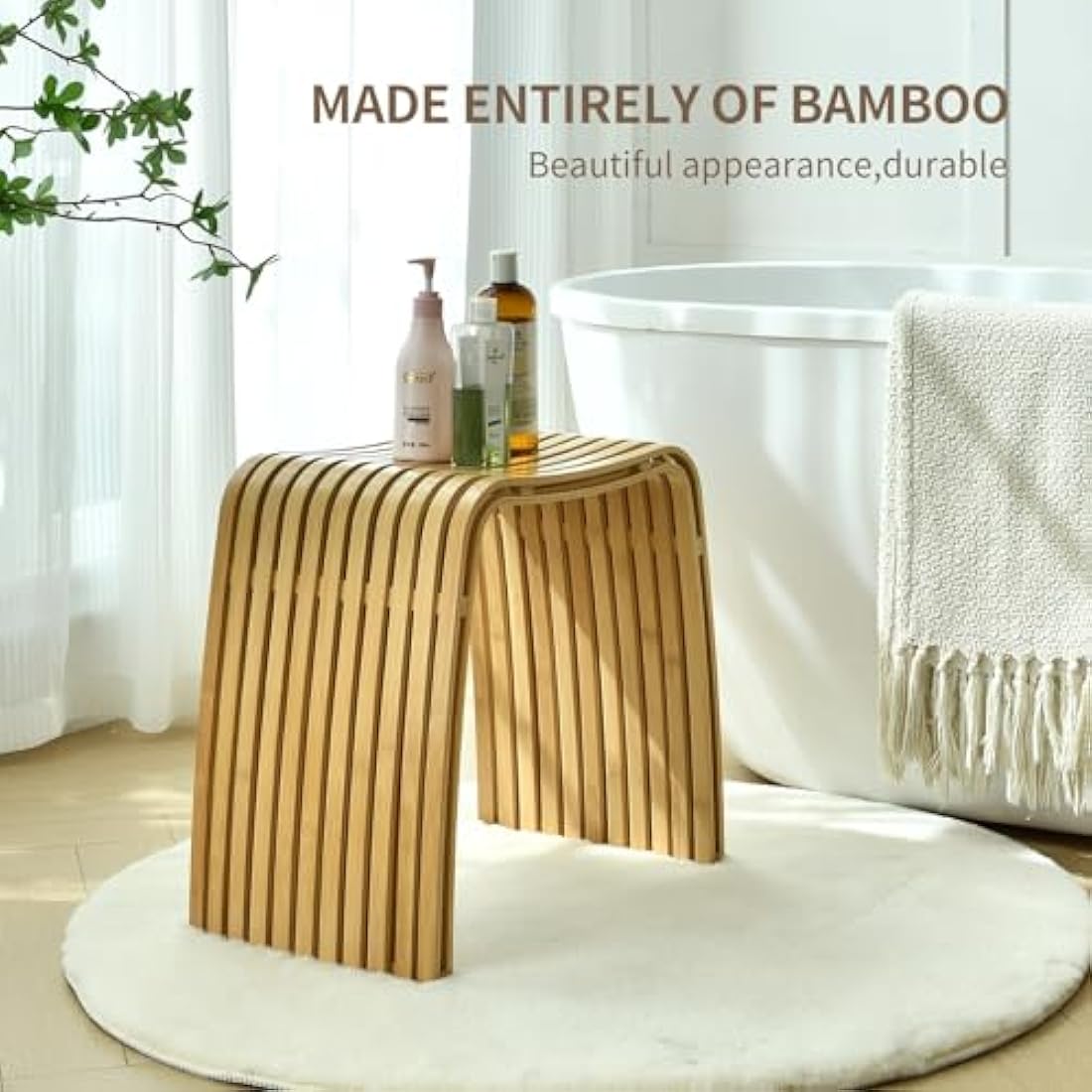 Jolof Store Bamboo Stool – Modern M-Shaped Shoe Bench & Bathroom Seat