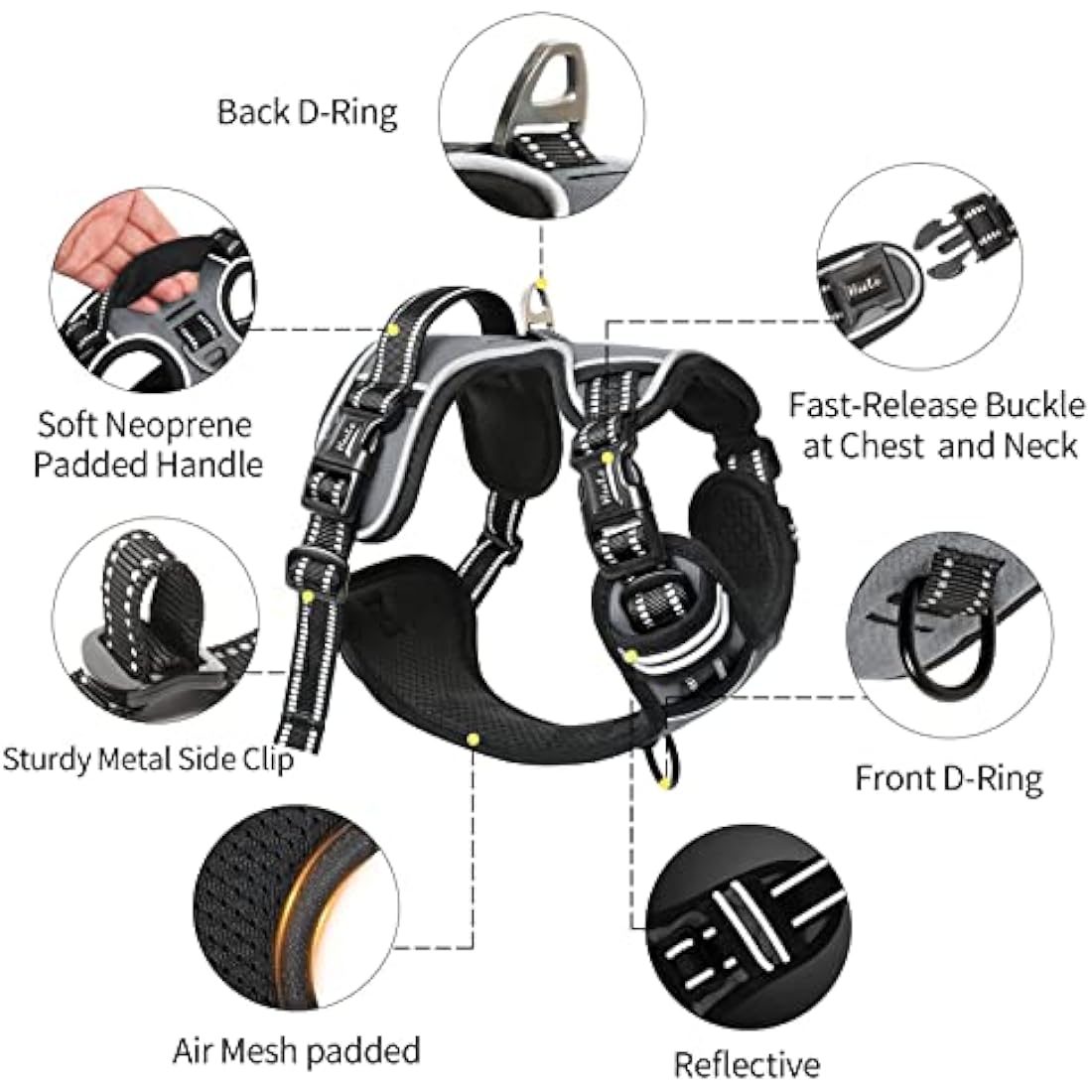HEELE No Pull Dog Harness | Reflective Adjustable Padded Vest - Grey, XL