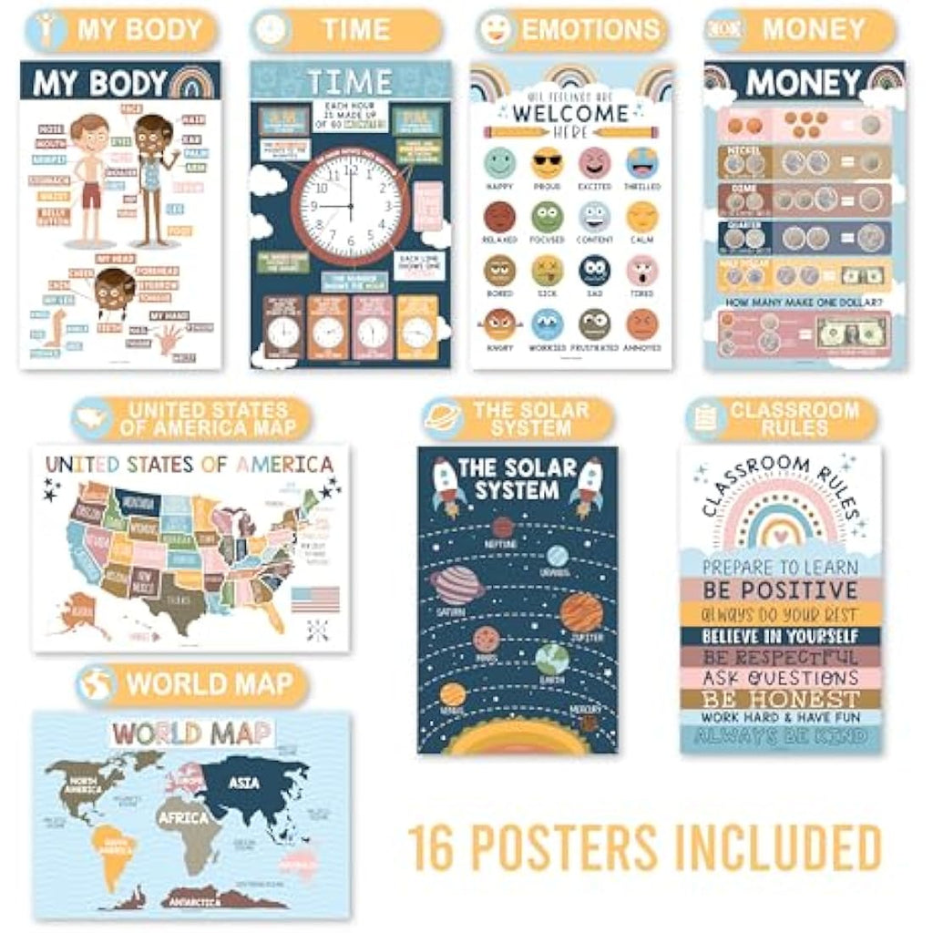 Hadley Designs 16 Boho Kids Educational Posters for Toddlers & Pre-K