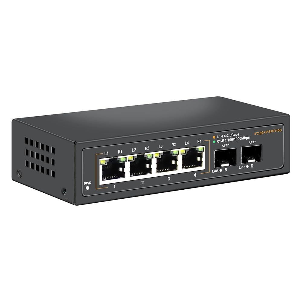 Davuaz 2.5G Ethernet Switch | 4 x 2.5G Ports & 2 x 10G SFP | Fanless Design