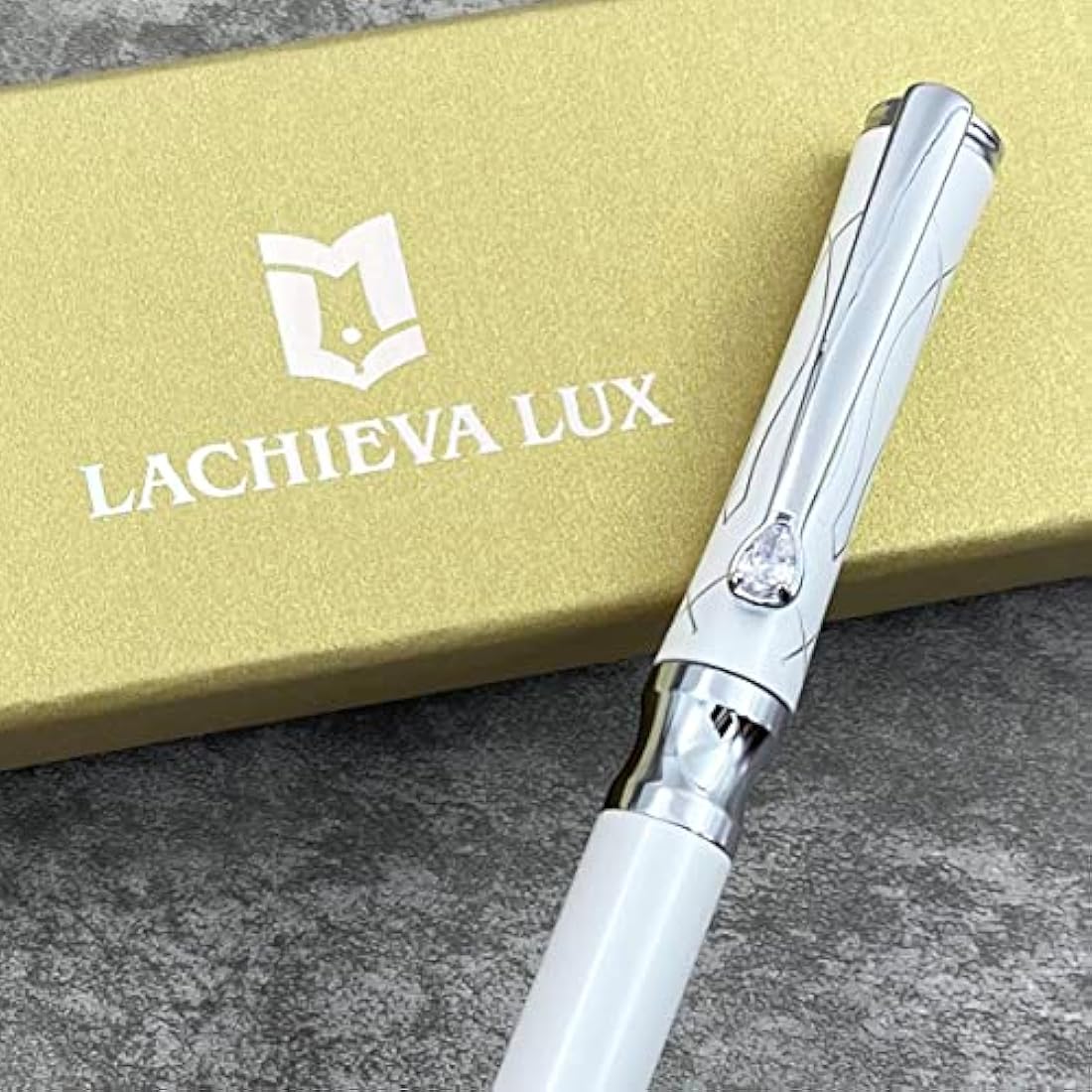 LACHIEVA LUX Pearl White Crystal Executive Ballpoint Pen with Gift Box