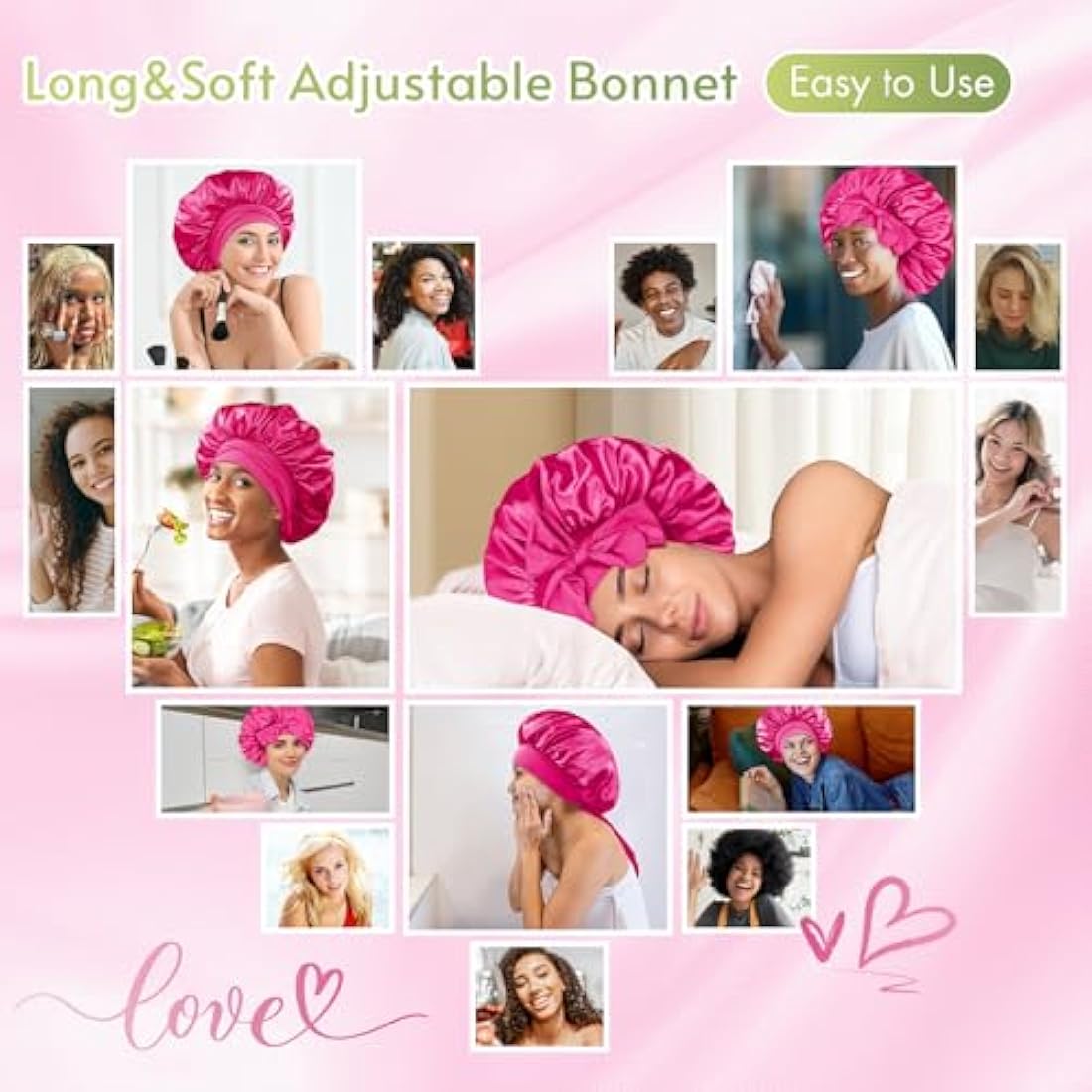 Silk Satin Bonnet for Curly Hair | Adjustable Tie Band, Pink