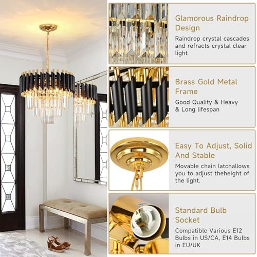 AOOCHOK Modern Crystal Chandelier – Black and Gold Pendant Light, 40cm