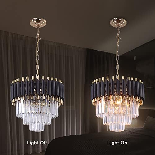 FRIXCHUR Modern 3-Tier Crystal Chandelier – Black and Gold Pendant Light
