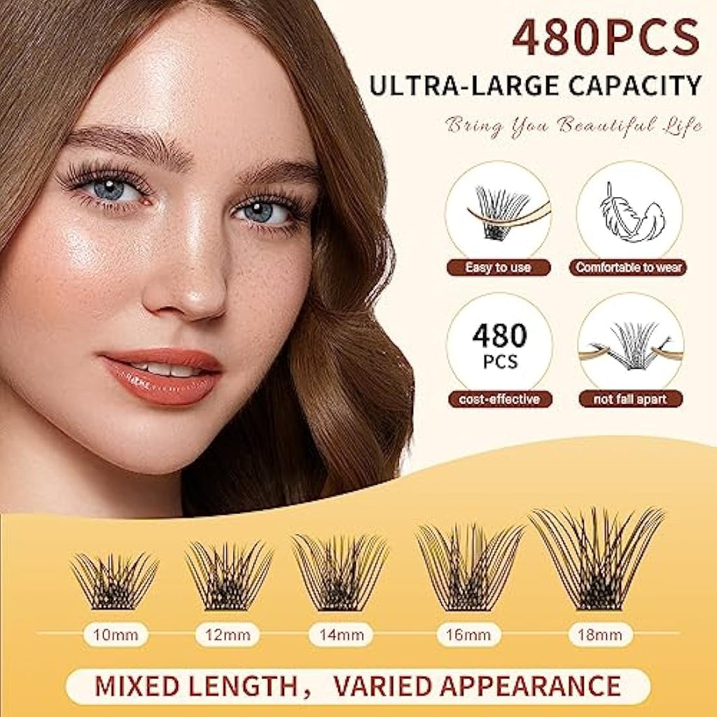 QUEWEL DIY Lash Extensions Kit - 480 Cluster Lashes with Glue & Applicator