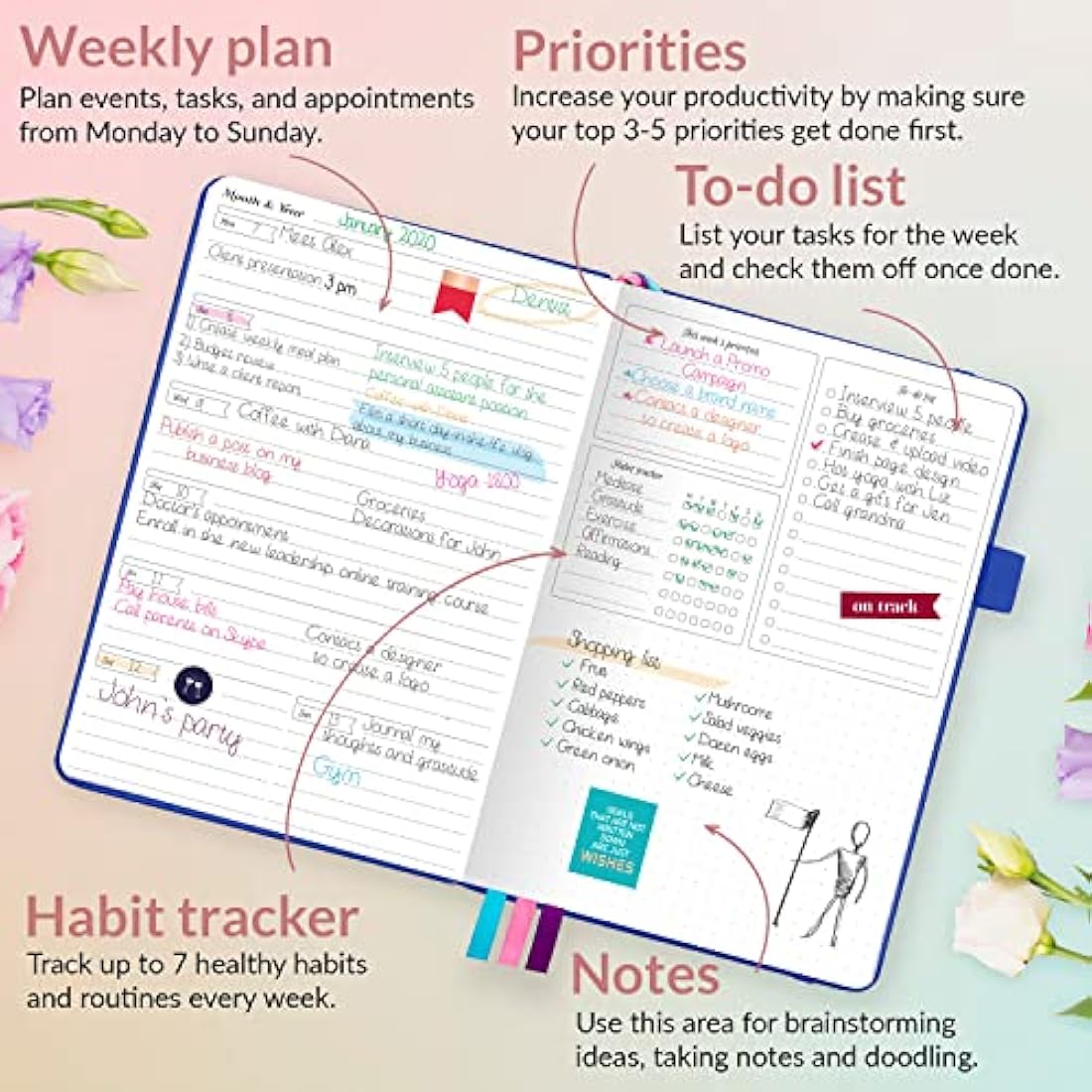 GoGirl Undated Weekly Planner – A5 Eco-Leather Goal Journal, Royal Blue