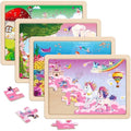 Wooden Jigsaw Puzzles for Kids - 4 Pack Unicorn & Mermaid