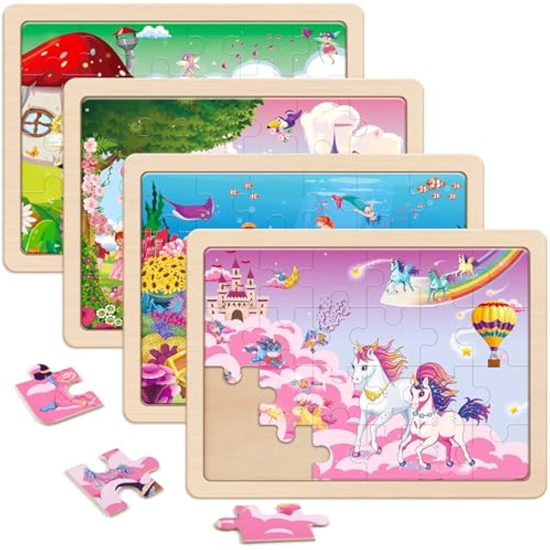 Wooden Jigsaw Puzzles for Kids - 4 Pack Unicorn & Mermaid